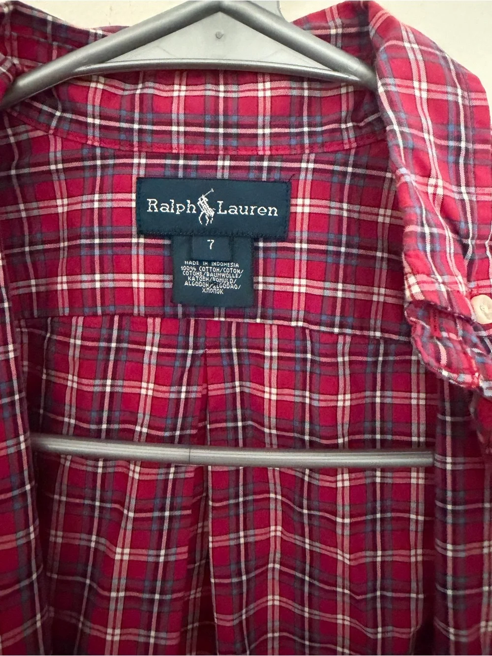 Ralph Lauren Red Plaid Button-Down Shirt with Navy Pony Embroidery